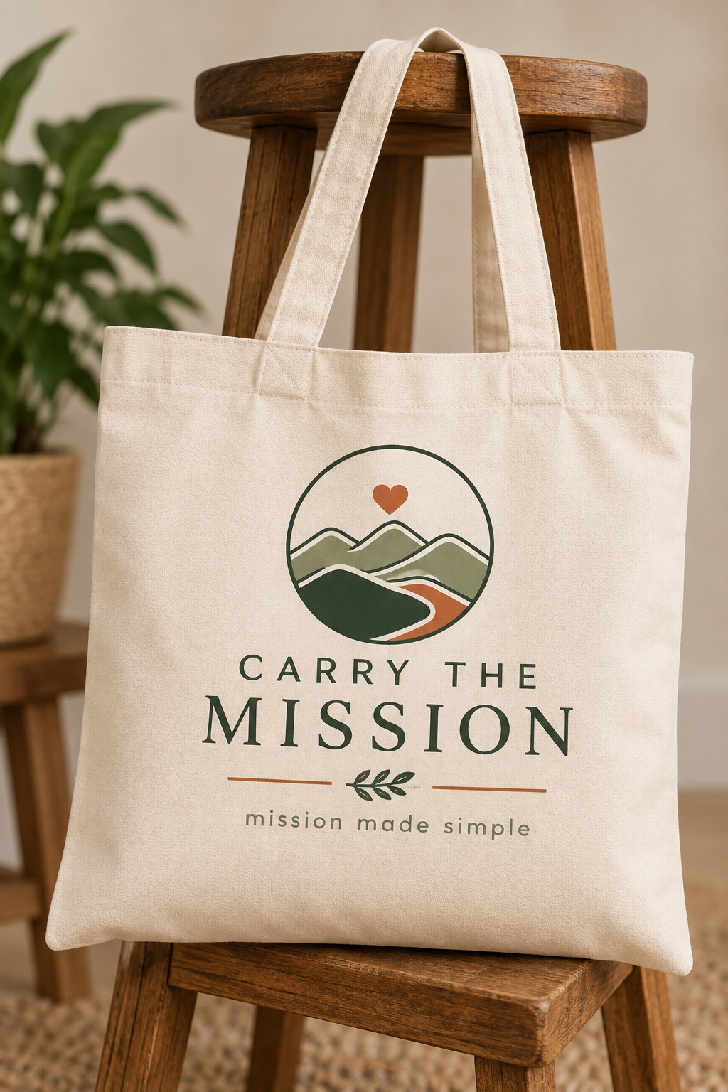 Carry the Mission Tote hanging from a wooden stool.