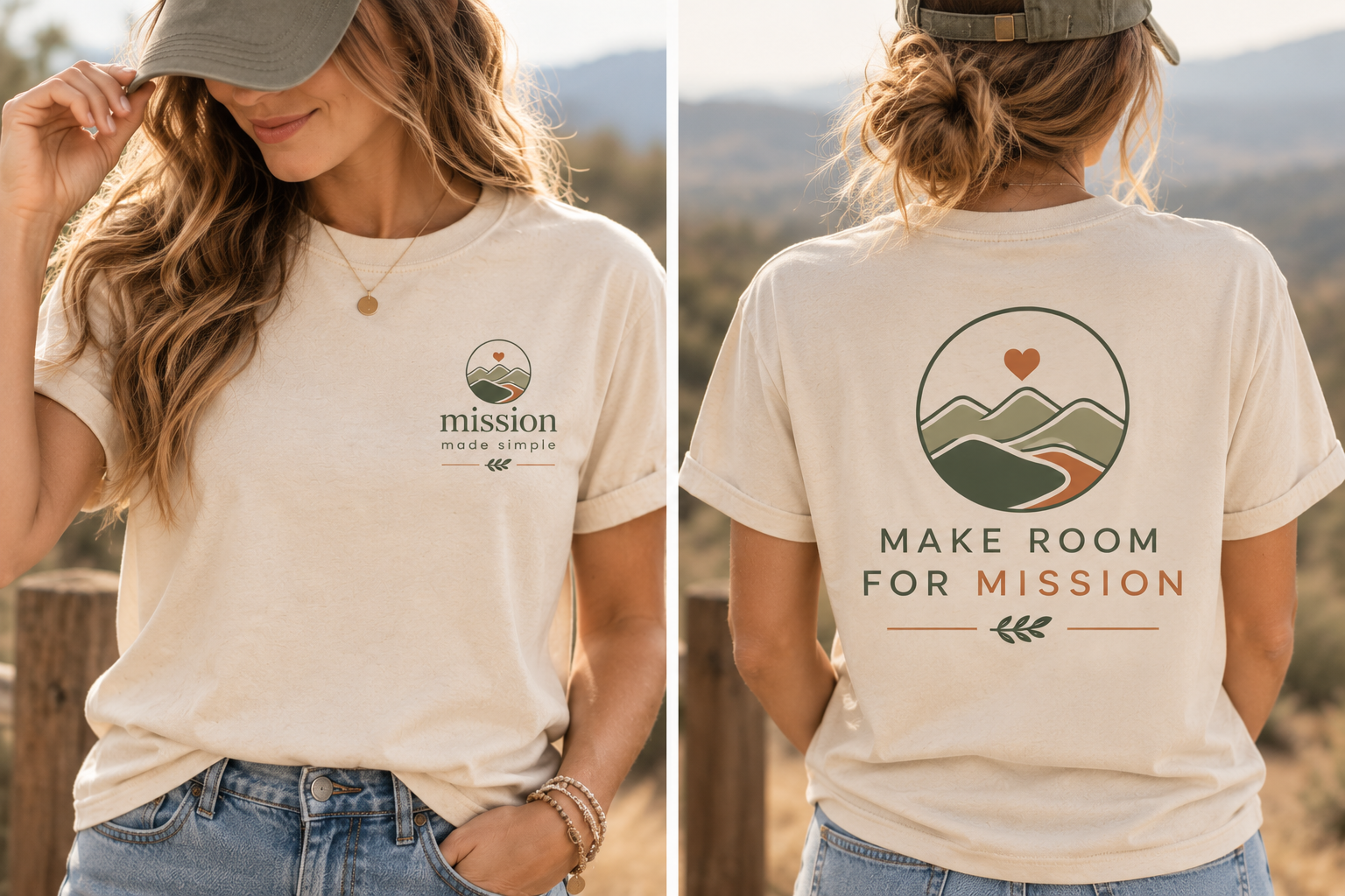 Front and back views of the Make Room for Mission Tee.